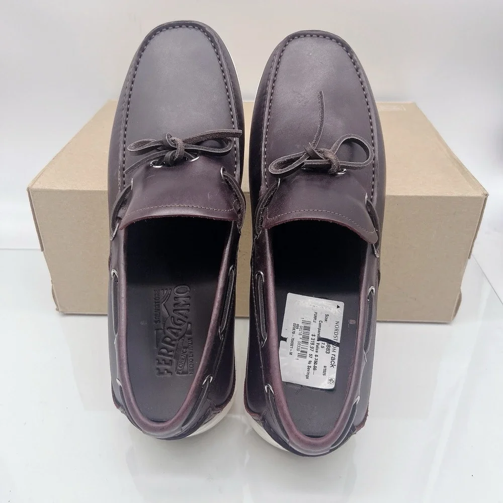 Salvatore Ferragamo Marlin Mens Boat Shoes Loafers Brown Leather Slip On US 7.5